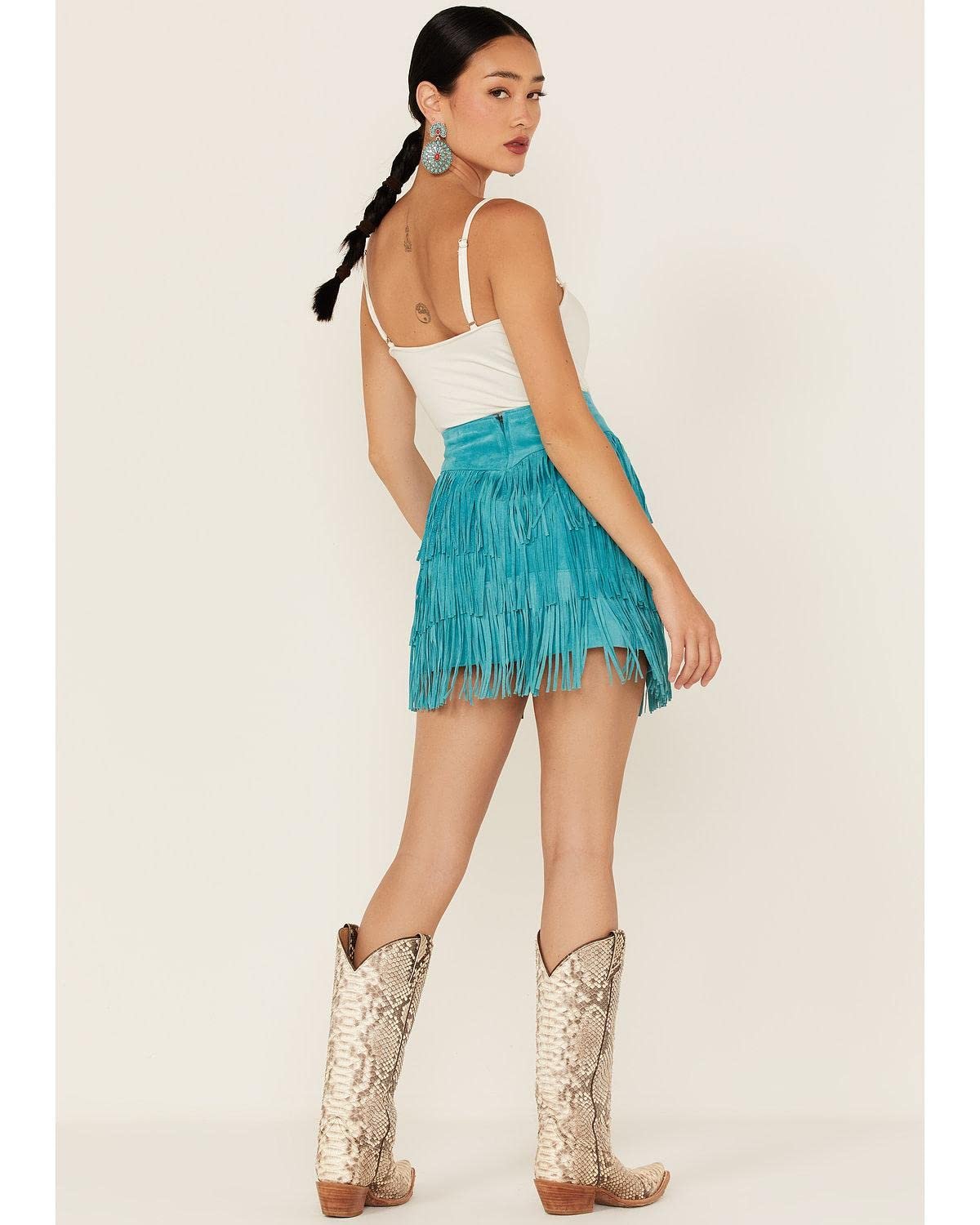 Scully Women's Fringe Tiered Suede Mini Skirt - Turquoise
