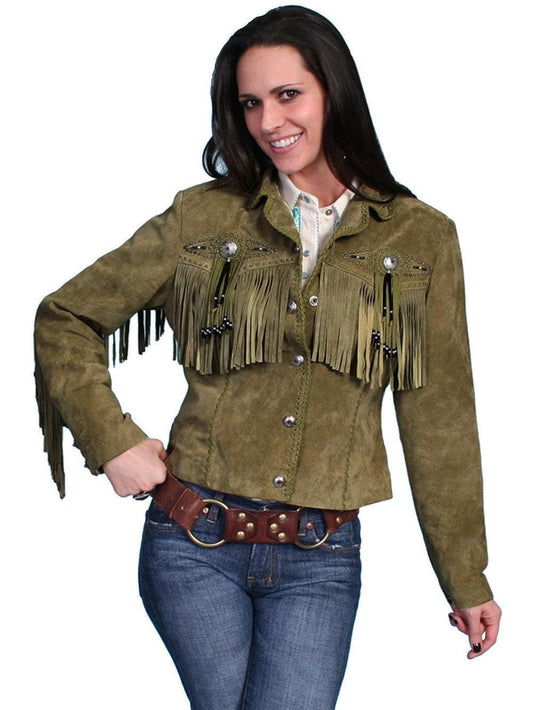 Scully Women's Fringe and Beaded Suede Leather Jacket - Olive