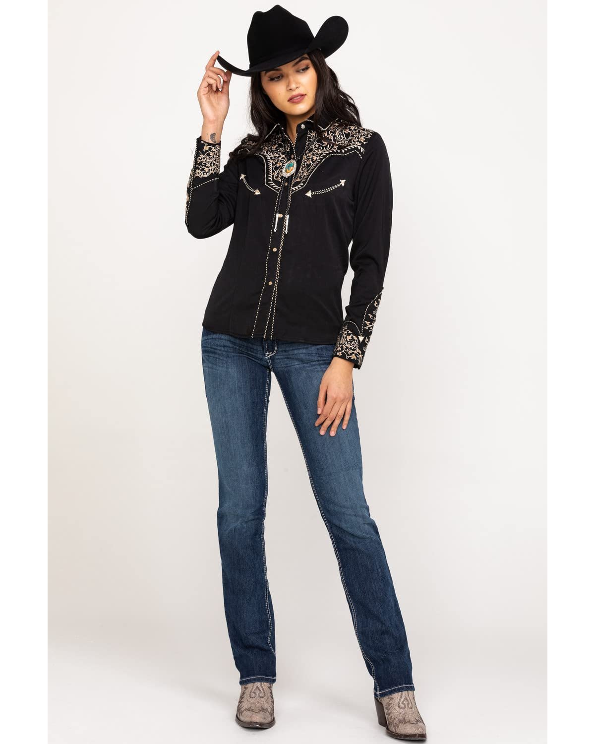 Scully Women's Scroll Embroidered Long Sleeve Pearl Snap Western Shirt - Black