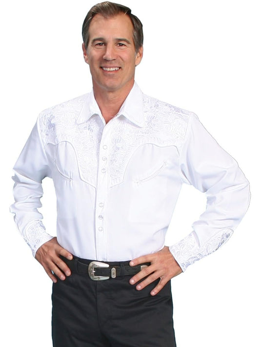 Scully Western Men's Floral Tooled Embroidered Snap Front Shirt - White
