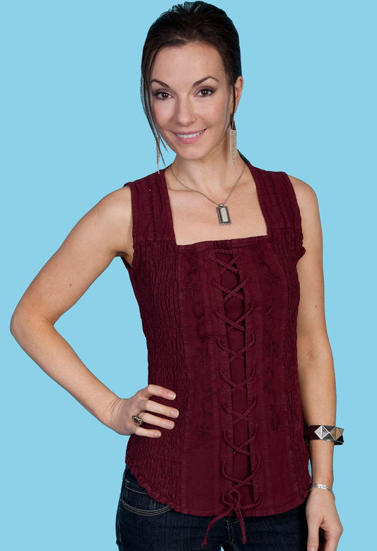 Scully Women's Cotton Laced Tank Top Shirt - Burgundy