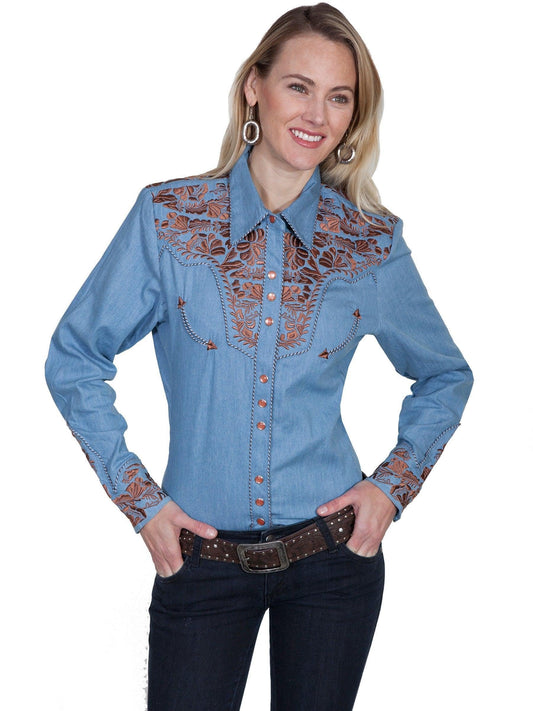 Scully Western Shirt Women's Floral Tooled Embroidered Blouse - Blue