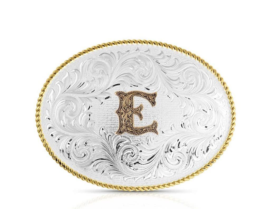 Montana Silversmiths Unisex Classic Western Oval Two-Tone Initial Belt Buckle E Silver One Size