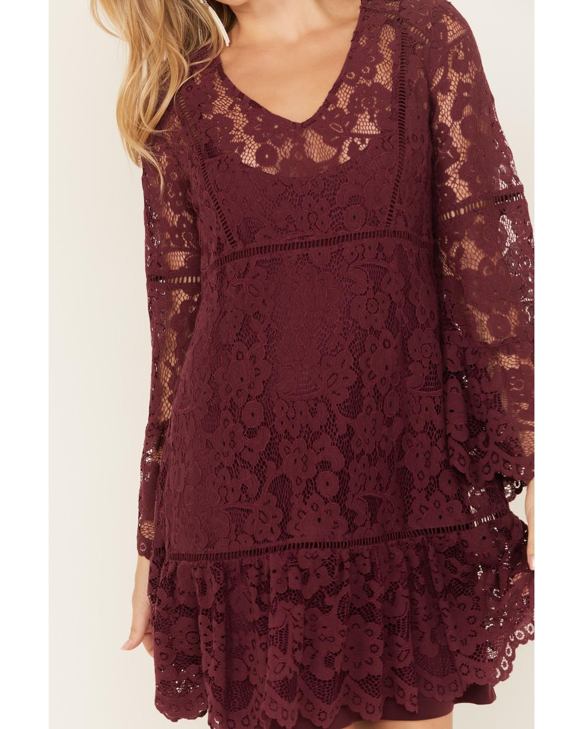 Scully Women's Lace Crochet Long Sleeve Mini Dress - Merlot