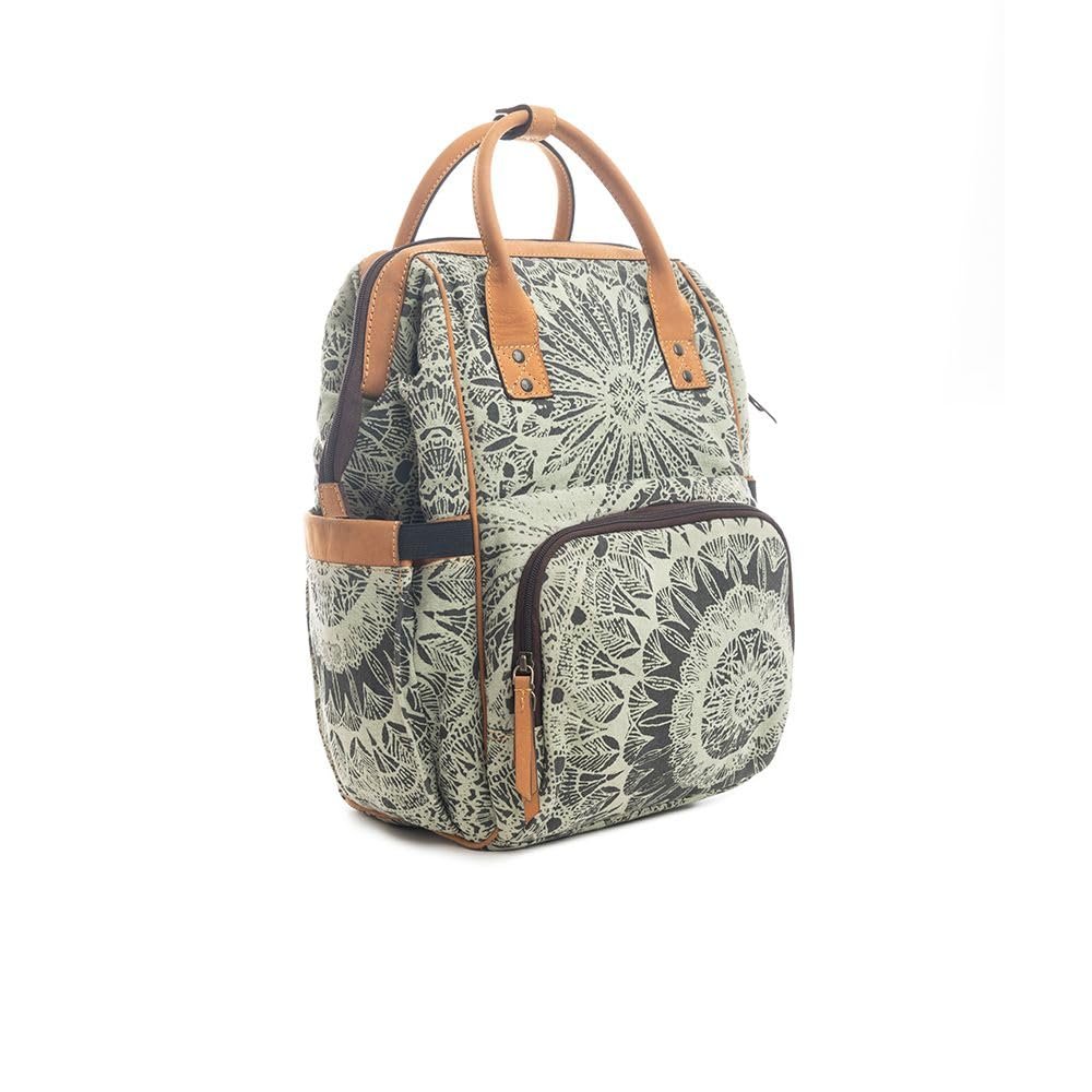 Myra Diaper Bag Women's Western Upcycled Canvas Leather Backpack Handbag Green