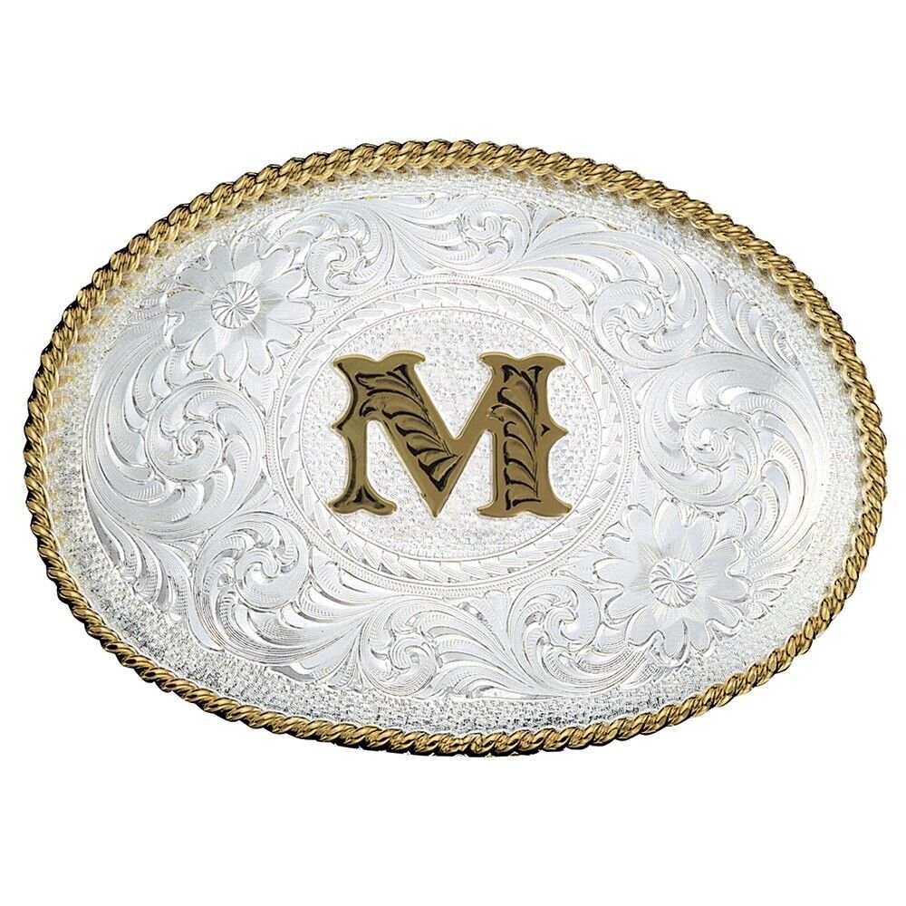 Montana Silversmiths Initial M Silver Engraved Gold Trim Western Belt Buckle