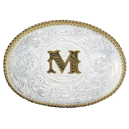 Montana Silversmiths Initial M Silver Engraved Gold Trim Western Belt Buckle