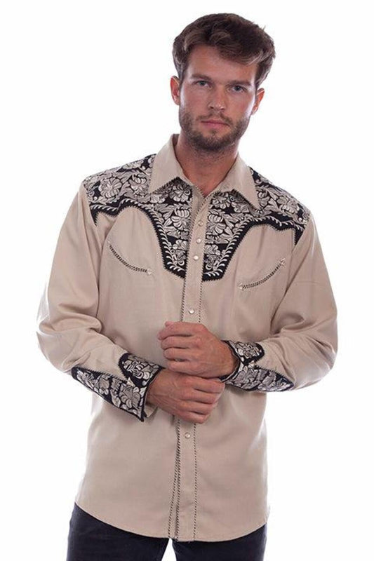 Scully Western Men's Floral Tooled Embroidered Snap Front Shirt - Tan