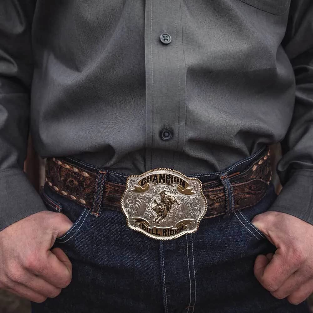 Montana Silversmiths Unisex Scalloped Champion Bullriding Belt Buckle Silver One Size