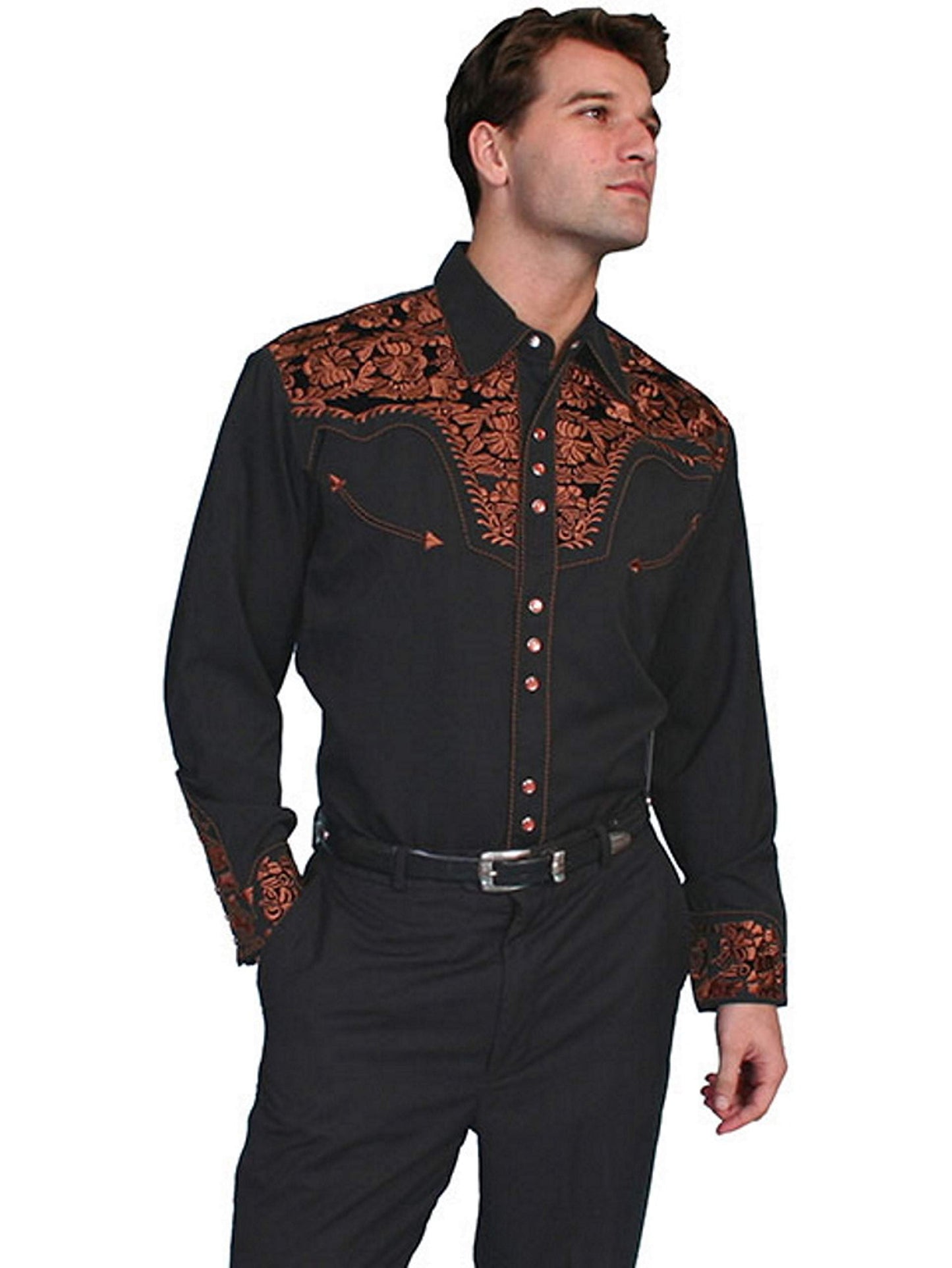 Scully Western Men's Floral Tooled Embroidered Snap Front Shirt - Black