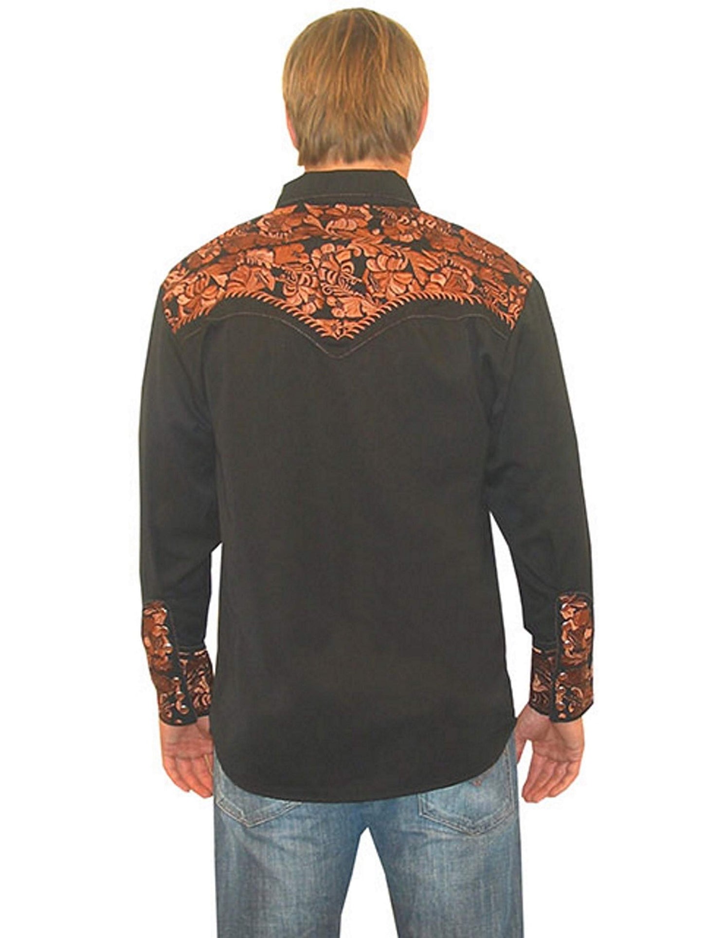 Scully Western Men's Floral Tooled Embroidered Snap Front Shirt - Black