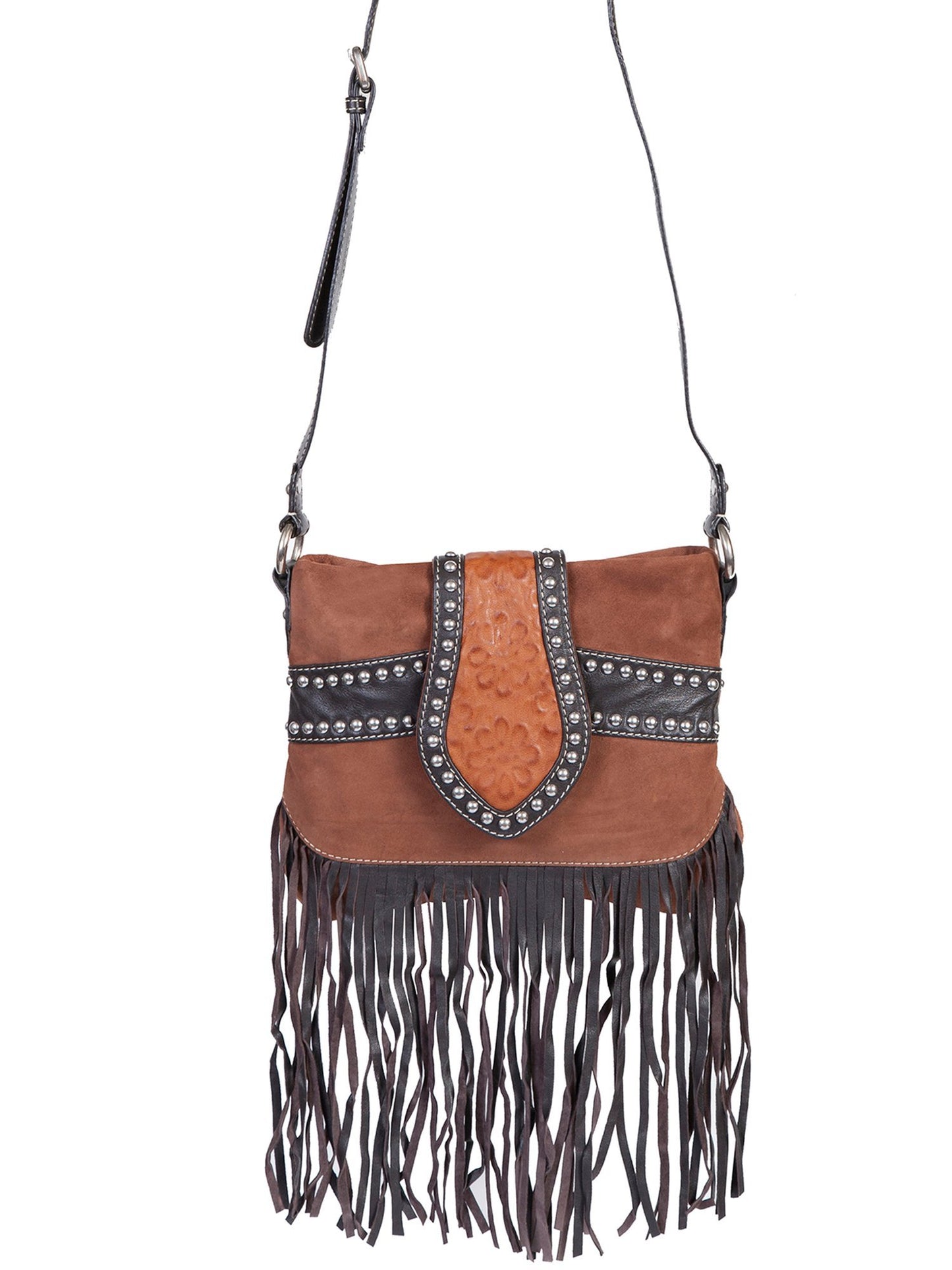 Scully Bolero Tooled Suede And Leather Fringe Handbag
