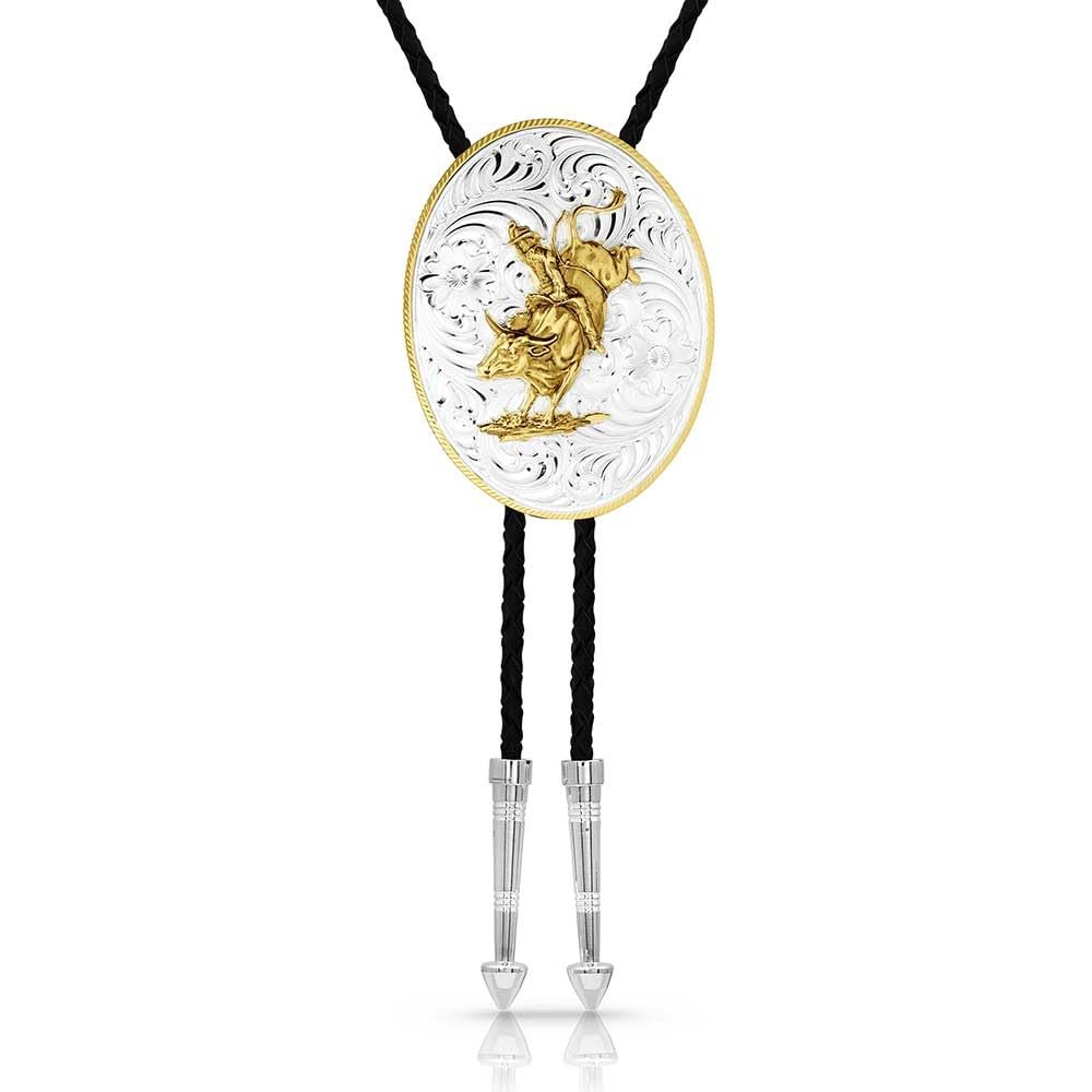 Montana Silversmiths Extra Large Bolo Tie, Bull Rider Figure, Black Braided Leather Cord