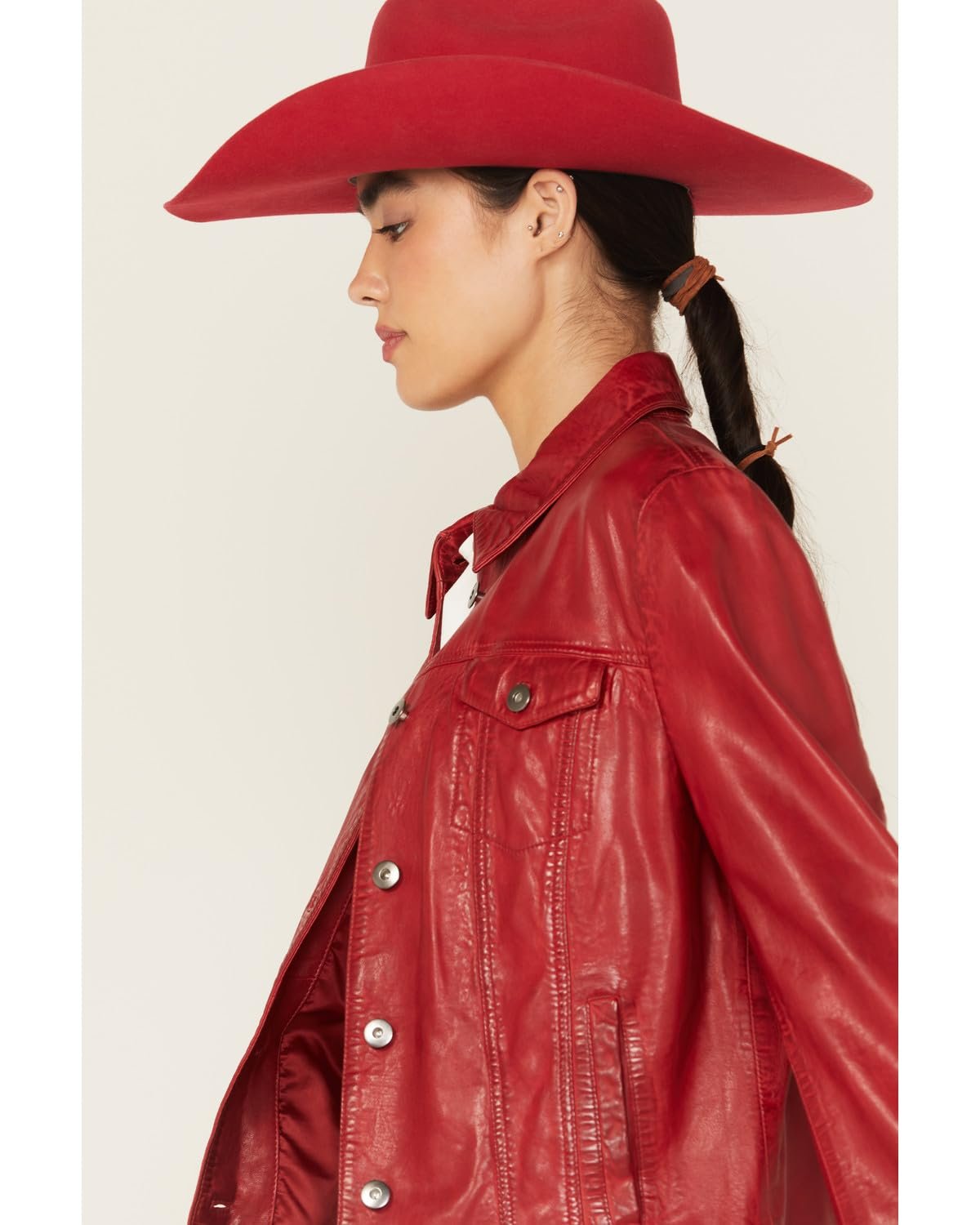 Scully Women's Leather Denim Button Jacket - Vintage Red