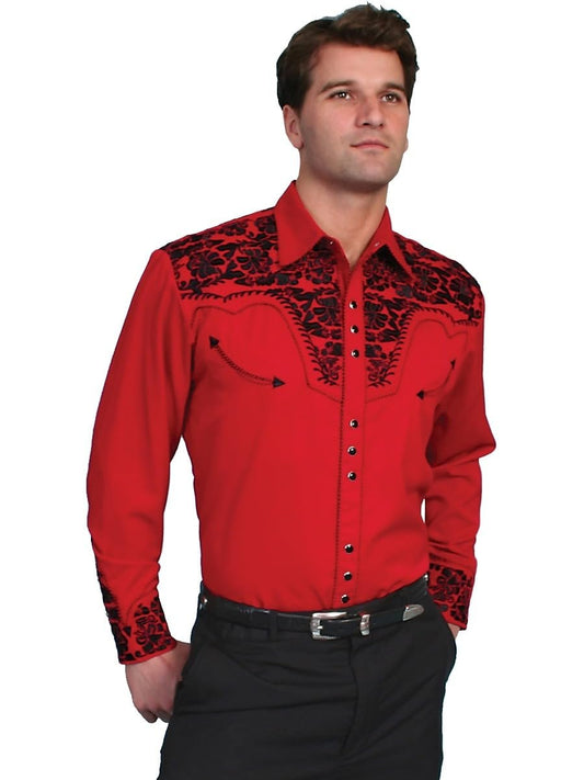 Scully Western Men's Floral Tooled Embroidered Snap Front Shirt - Red