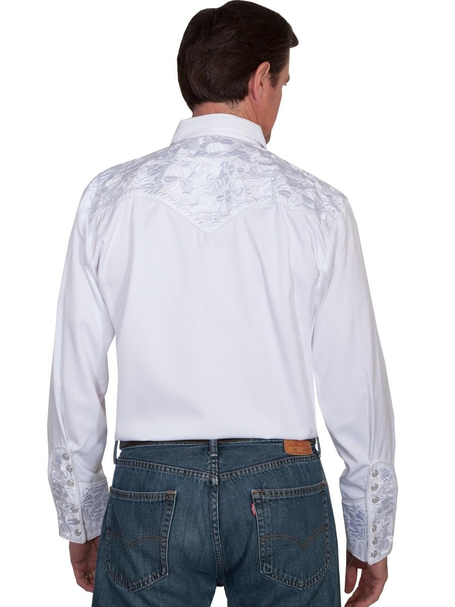 Scully Western Men's Floral Tooled Embroidered Snap Front Shirt - White
