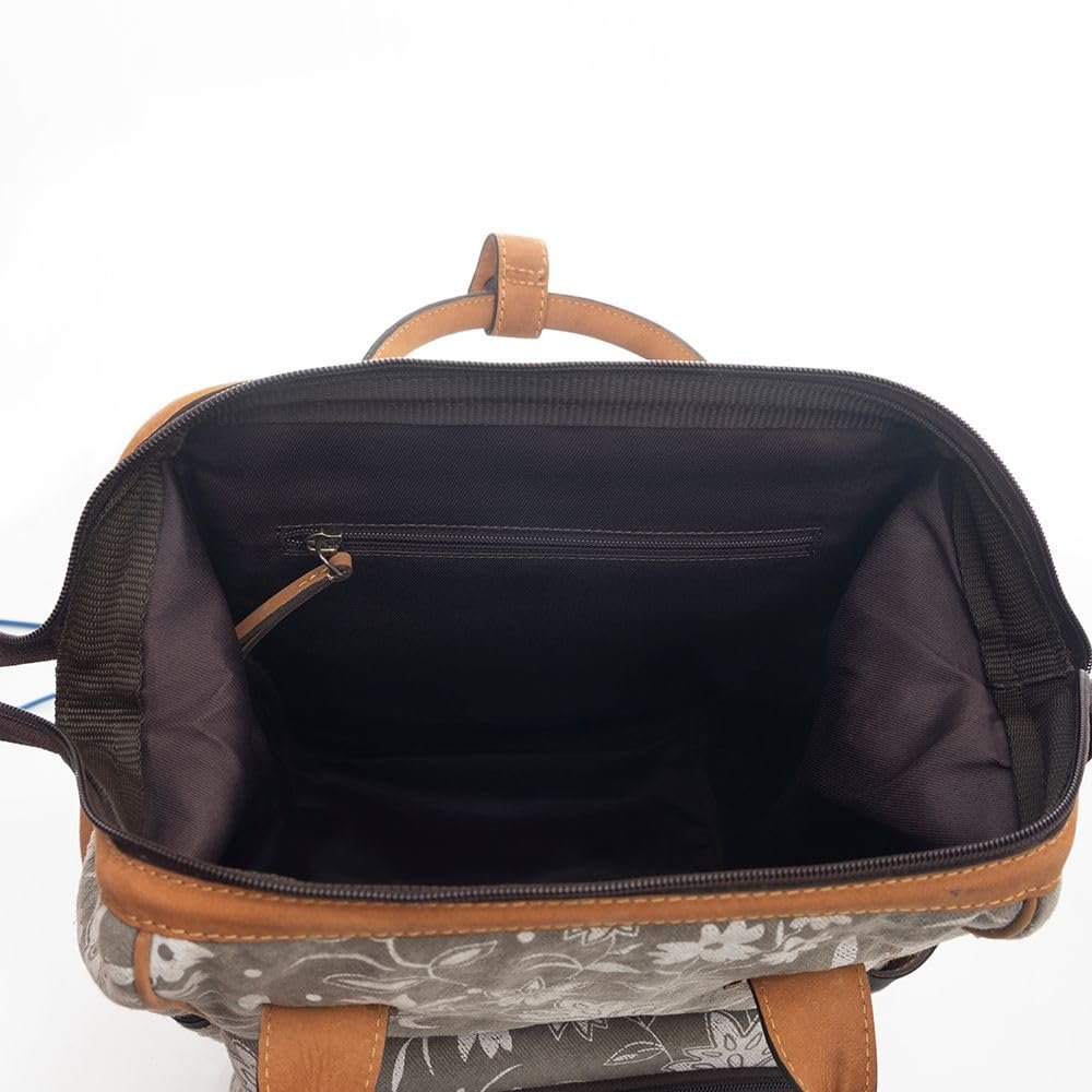 Myra Bag Womens Diaper Bag Western Upcycled Canvas Leather Backpack Handbag Gray