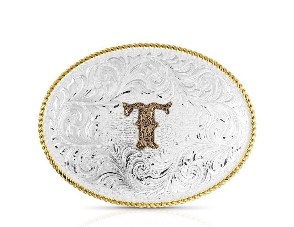 Montana Silversmiths Unisex Classic Western Oval Two-Tone Initial Belt Buckle T - 1255T One Size