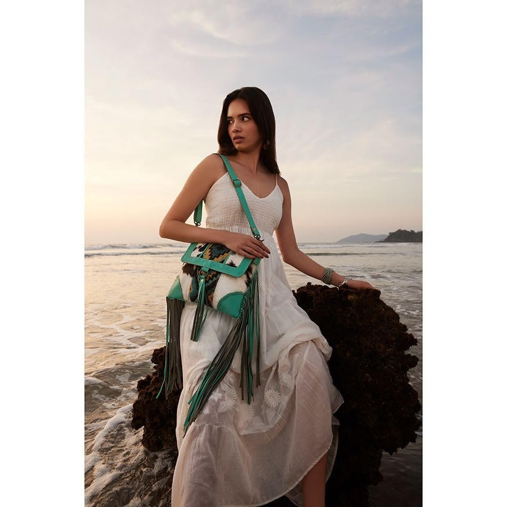 Myra Bag Shoulder Bag for Women Western Upcycled Hairon Canvas & Leather Tassel