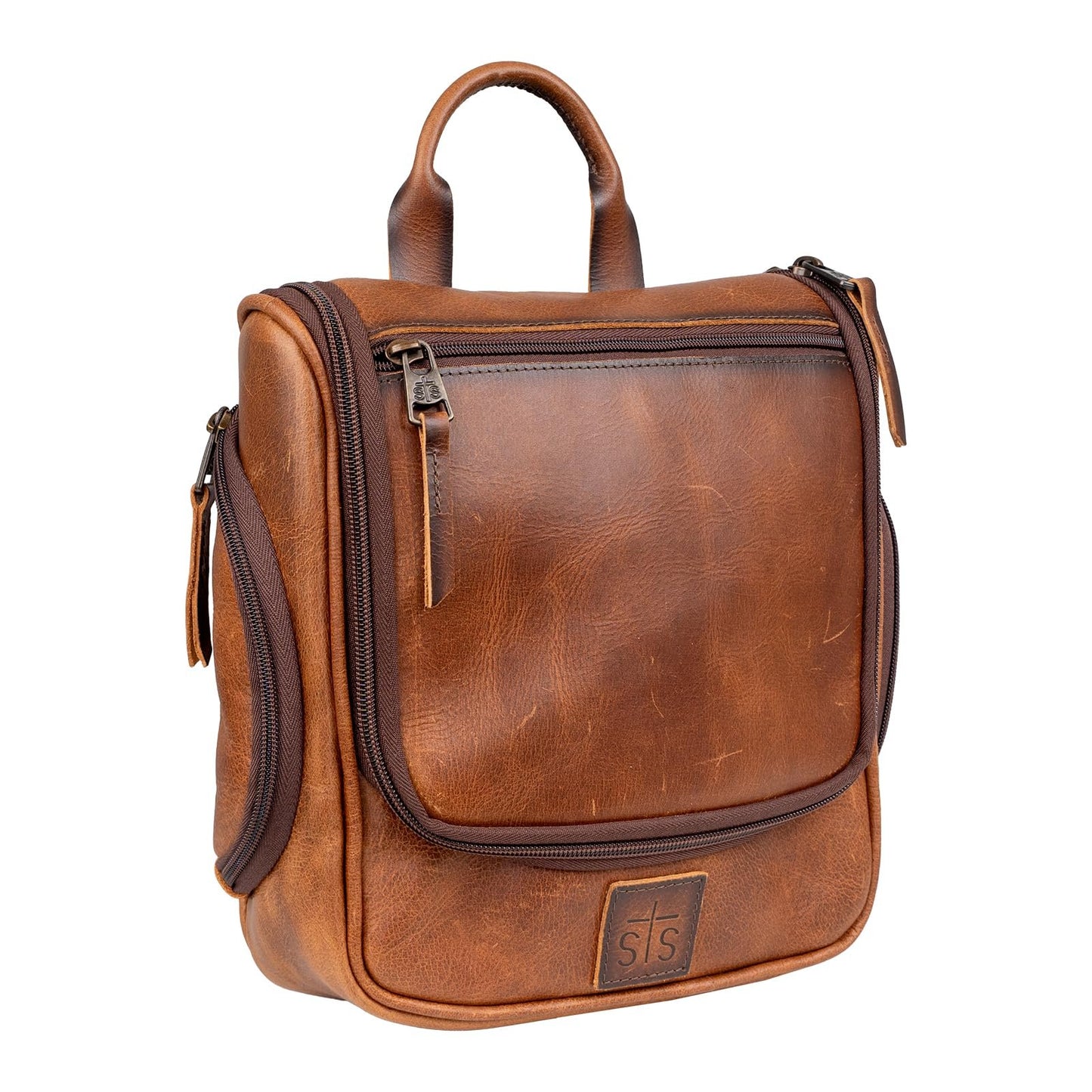 STS Ranchwear Men's Tucson Hanging Shave STS30310 Multi-Pocket Leather Travel Toiletry Dopp Kit Organizer Bag, Rich Tan, 10.5" W x 10" H
