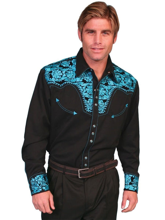 Scully Western Men's Floral Tooled Embroidered Snap Front Shirt - Turquoise