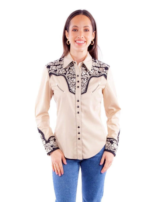 Scully Western Shirt Women's Floral Tooled Embroidered Blouse - Tan