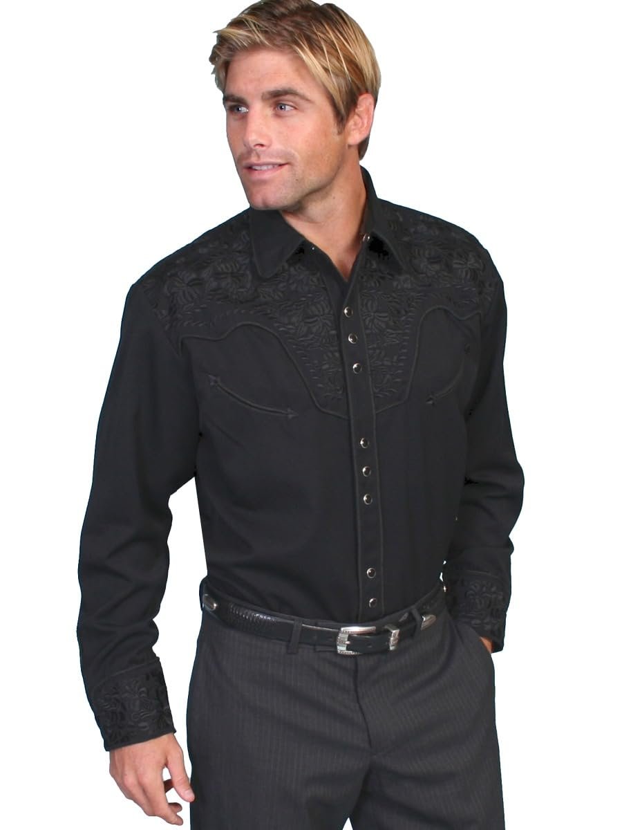 Scully Western Men's Floral Tooled Embroidered Snap Front Shirt - Jet Black