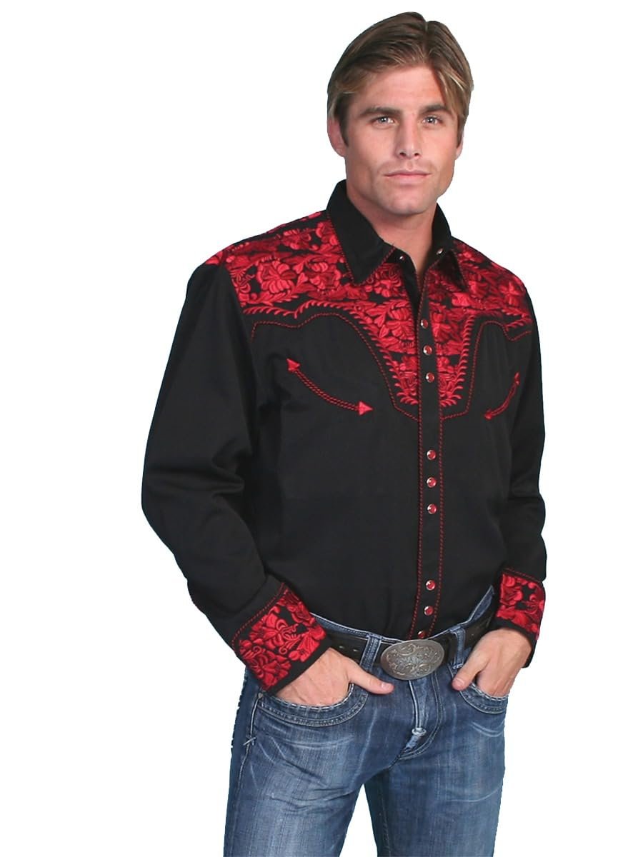 Scully Western Men's Floral Tooled Embroidered Snap Front Shirt - Crimson
