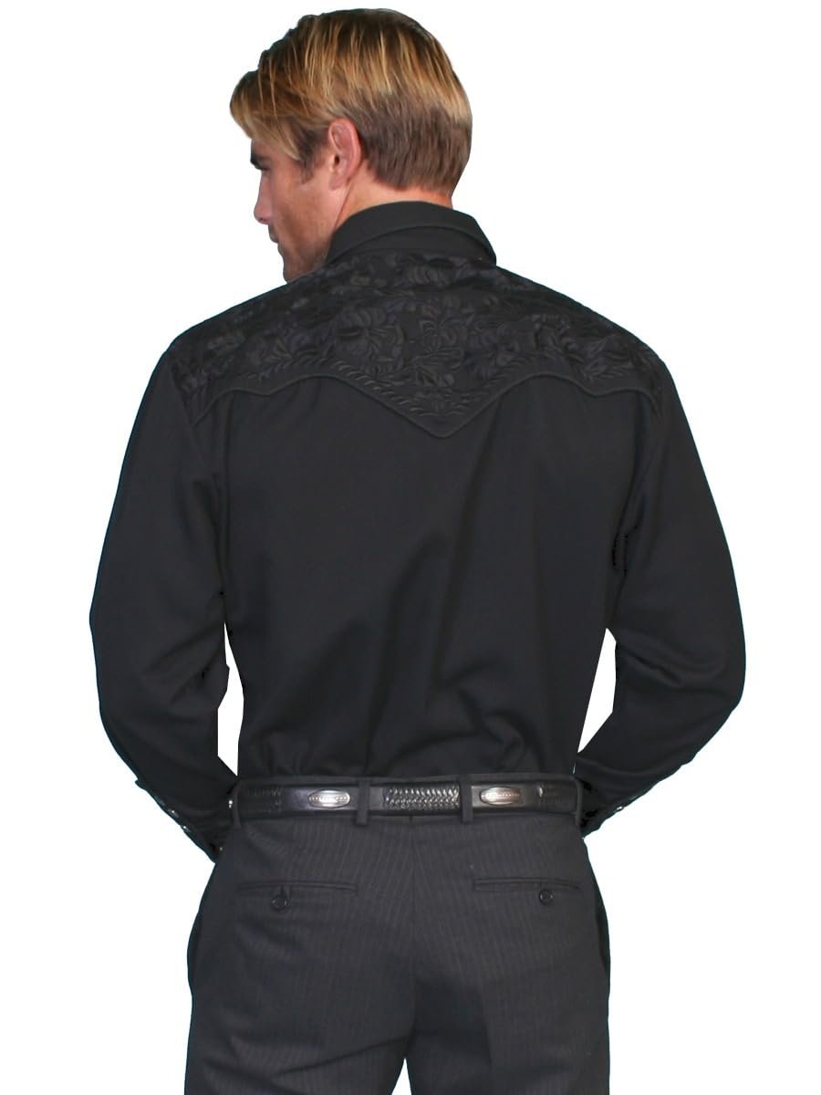 Scully Western Men's Floral Tooled Embroidered Snap Front Shirt - Jet Black