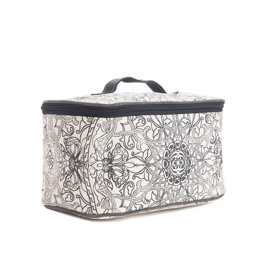 Myra Bag Makeup Bag for Women - Upcycled Western Canvas and Leather Cosmetic Toiletry Bag White