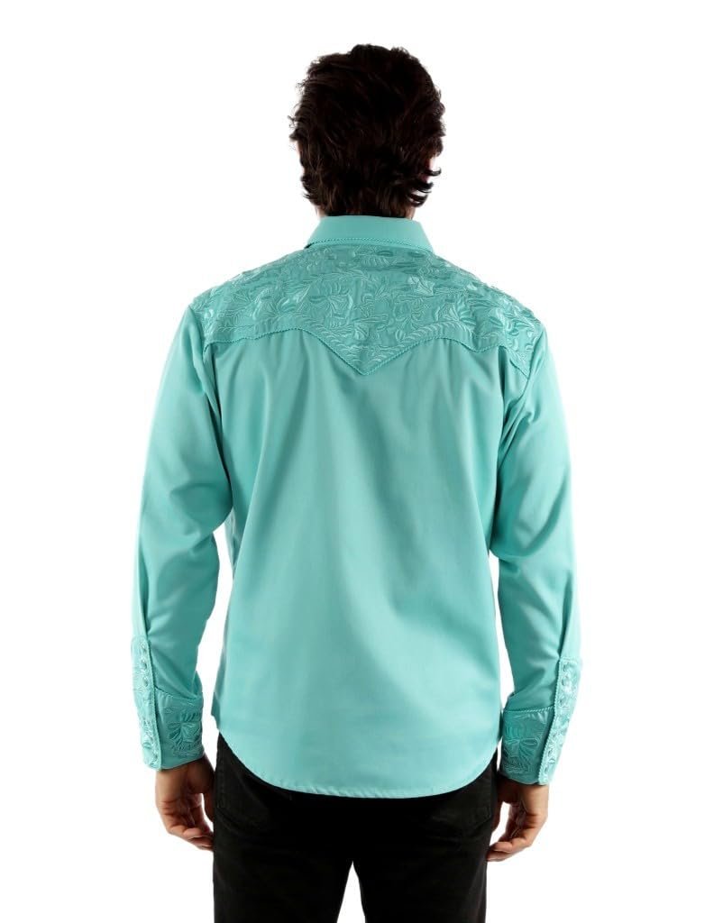 Scully Western Men's Floral Tooled Embroidered Snap Front Shirt - Caribbean