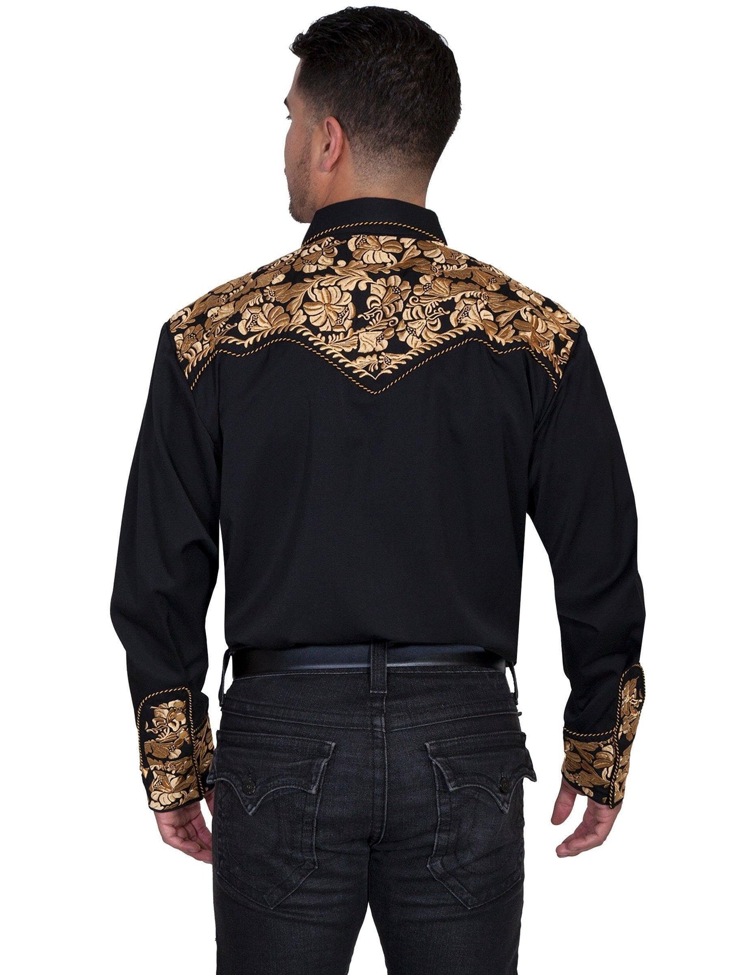 Scully Western Men's Floral Tooled Embroidered Snap Front Shirt - Gold