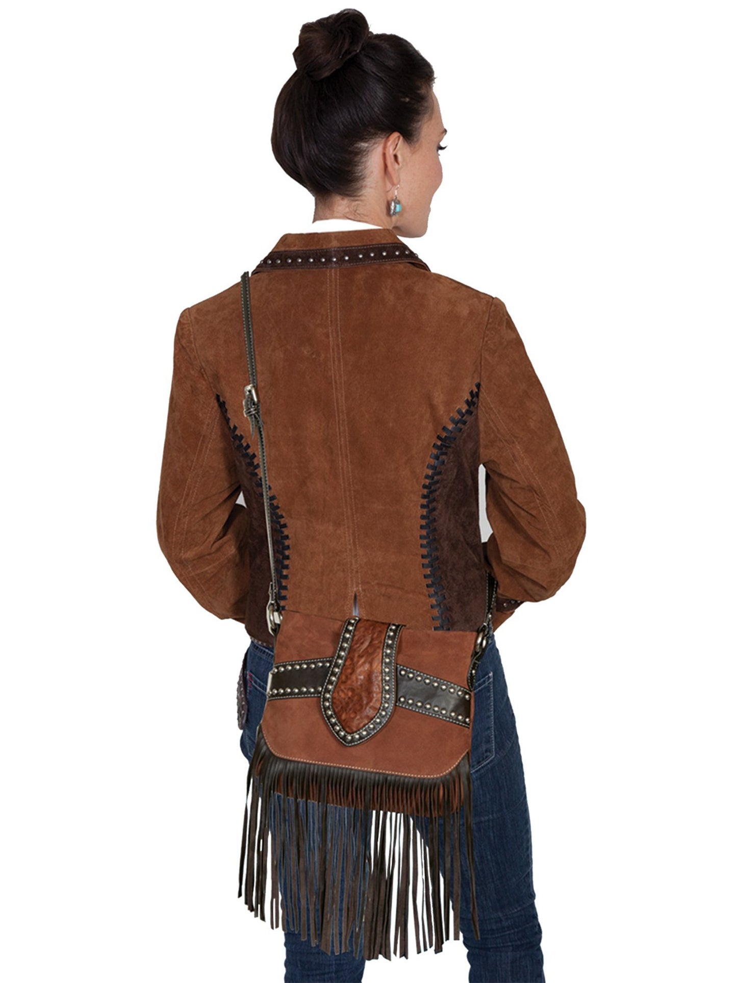 Scully Bolero Tooled Suede And Leather Fringe Handbag