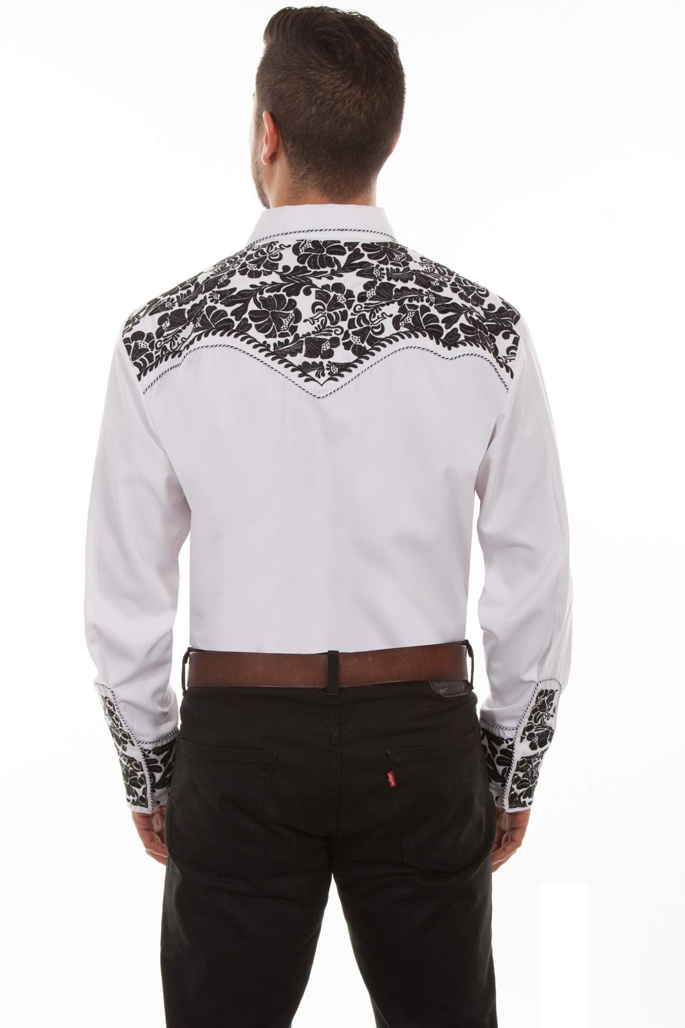 Scully Western Men's Floral Tooled Embroidered Snap Front Shirt - White/Black