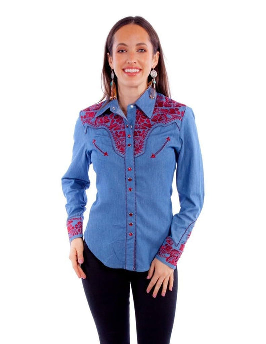 Scully Western Shirt Women's Floral Tooled Embroidered Blouse - Blue/Cranberry