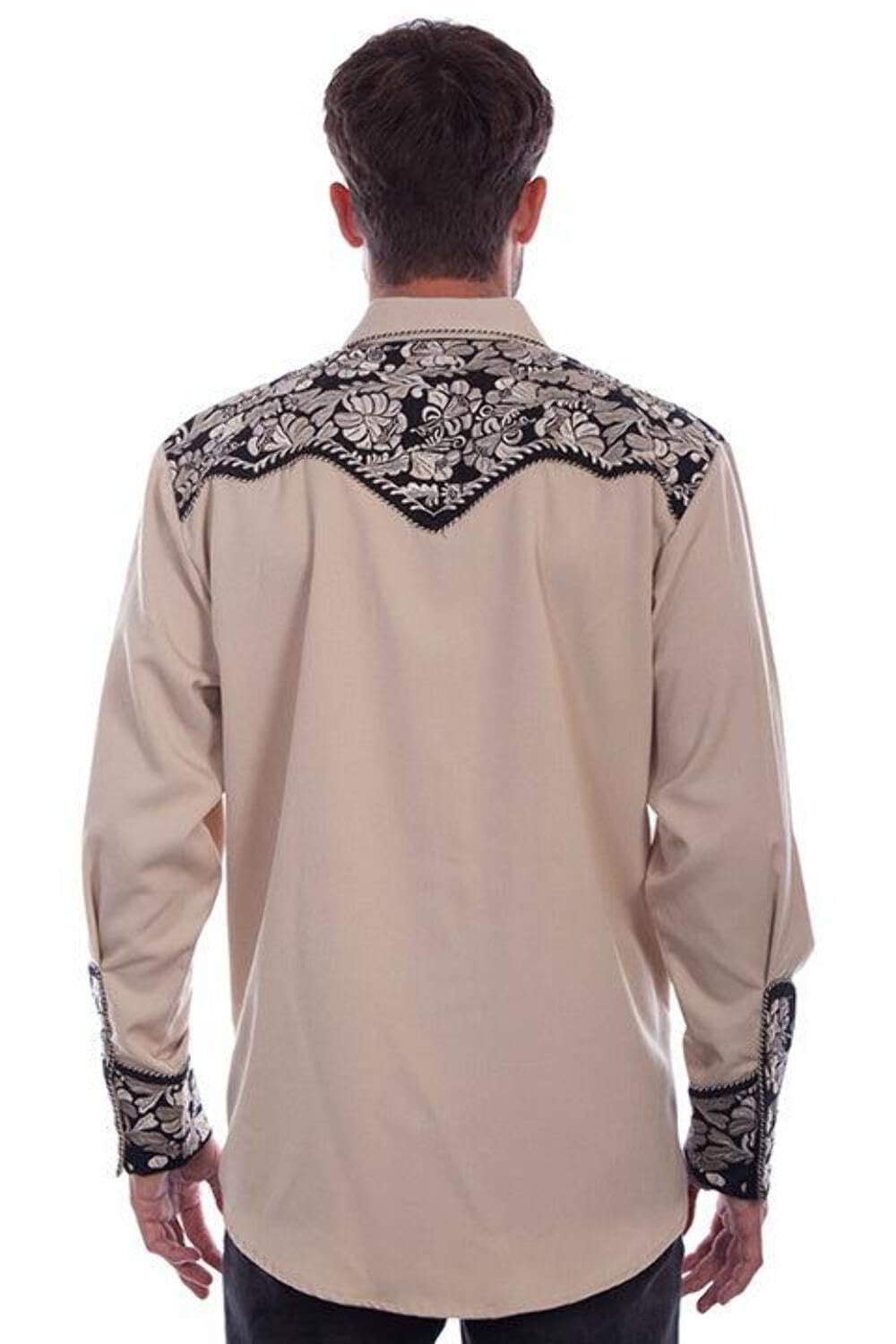 Scully Western Men's Floral Tooled Embroidered Snap Front Shirt - Tan