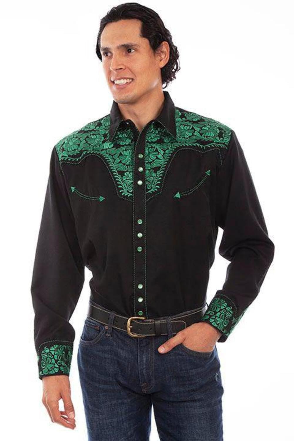 Scully Western Men's Floral Tooled Embroidered Snap Front Shirt - Emerald