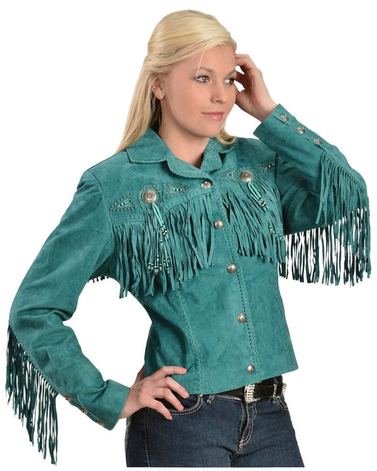 Scully Women's Fringe and Beaded Suede Leather Jacket - Turquoise