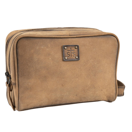 STS Ranchwear Men's Foreman Full-Grain Leather Toiletry Travel Shave Kit with Double Zip Closure, STS-31392, Veg-Tan