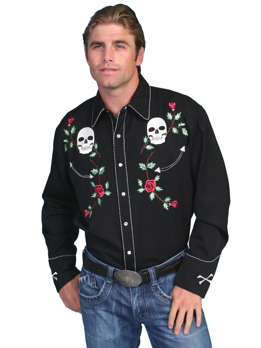 Scully Men's Skull and Roses Embroidered Snap Front Shirt - Black