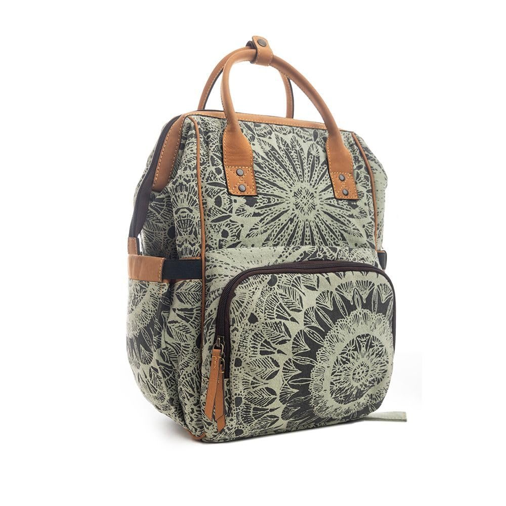 Myra Diaper Bag Women's Western Upcycled Canvas Leather Backpack Handbag Green