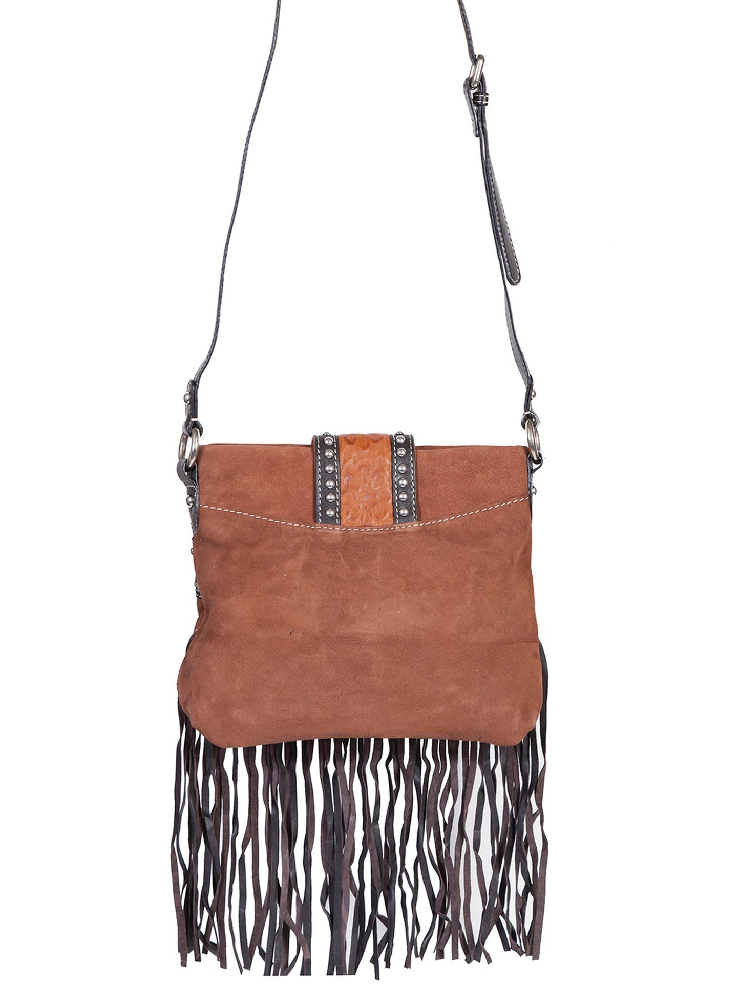 Scully Bolero Tooled Suede And Leather Fringe Handbag