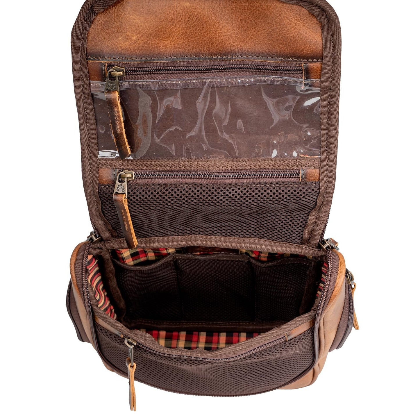 STS Ranchwear Men's Tucson Hanging Shave STS30310 Multi-Pocket Leather Travel Toiletry Dopp Kit Organizer Bag, Rich Tan, 10.5" W x 10" H