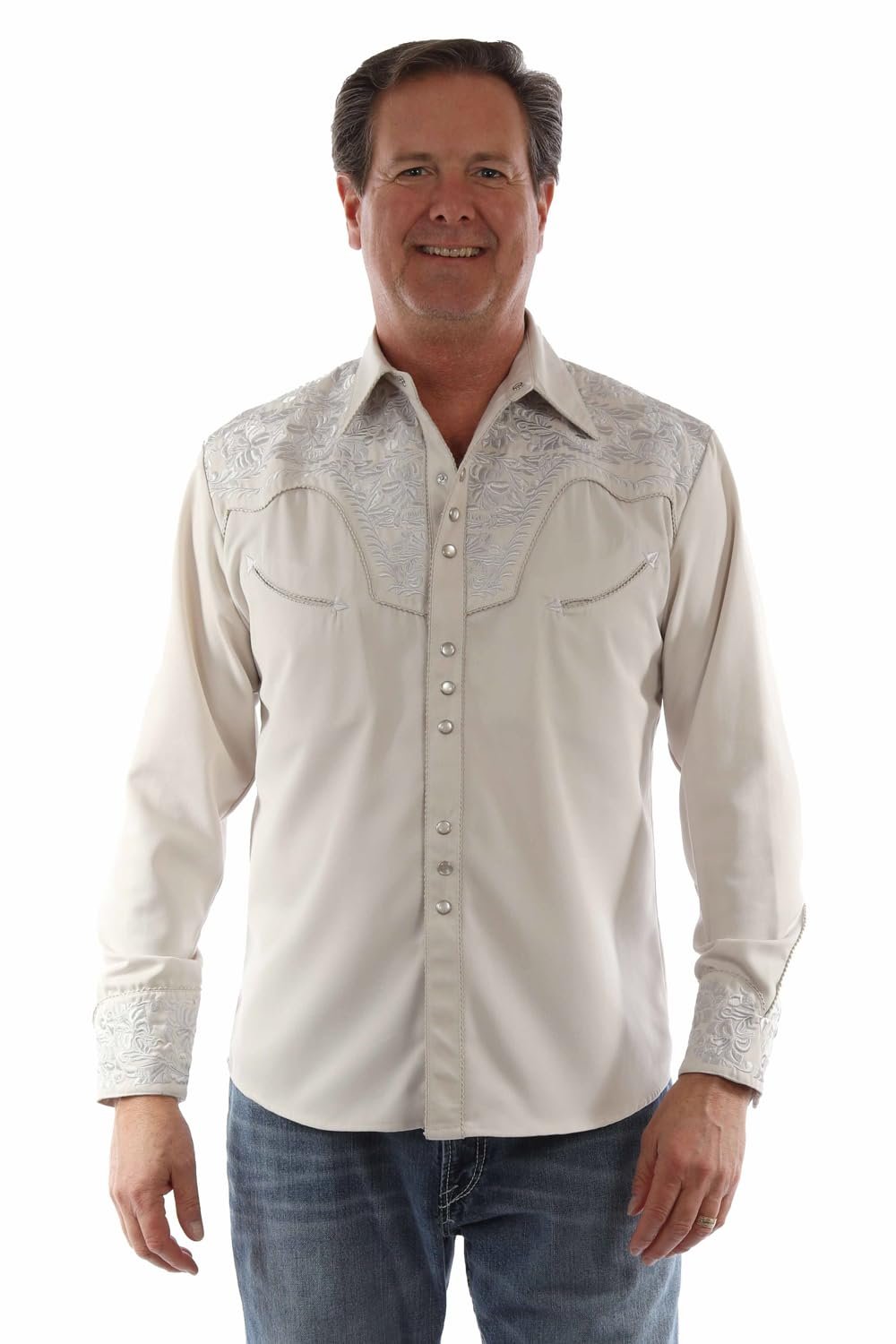 Scully Western Men's Floral Tooled Embroidered Snap Front Shirt - Light Grey