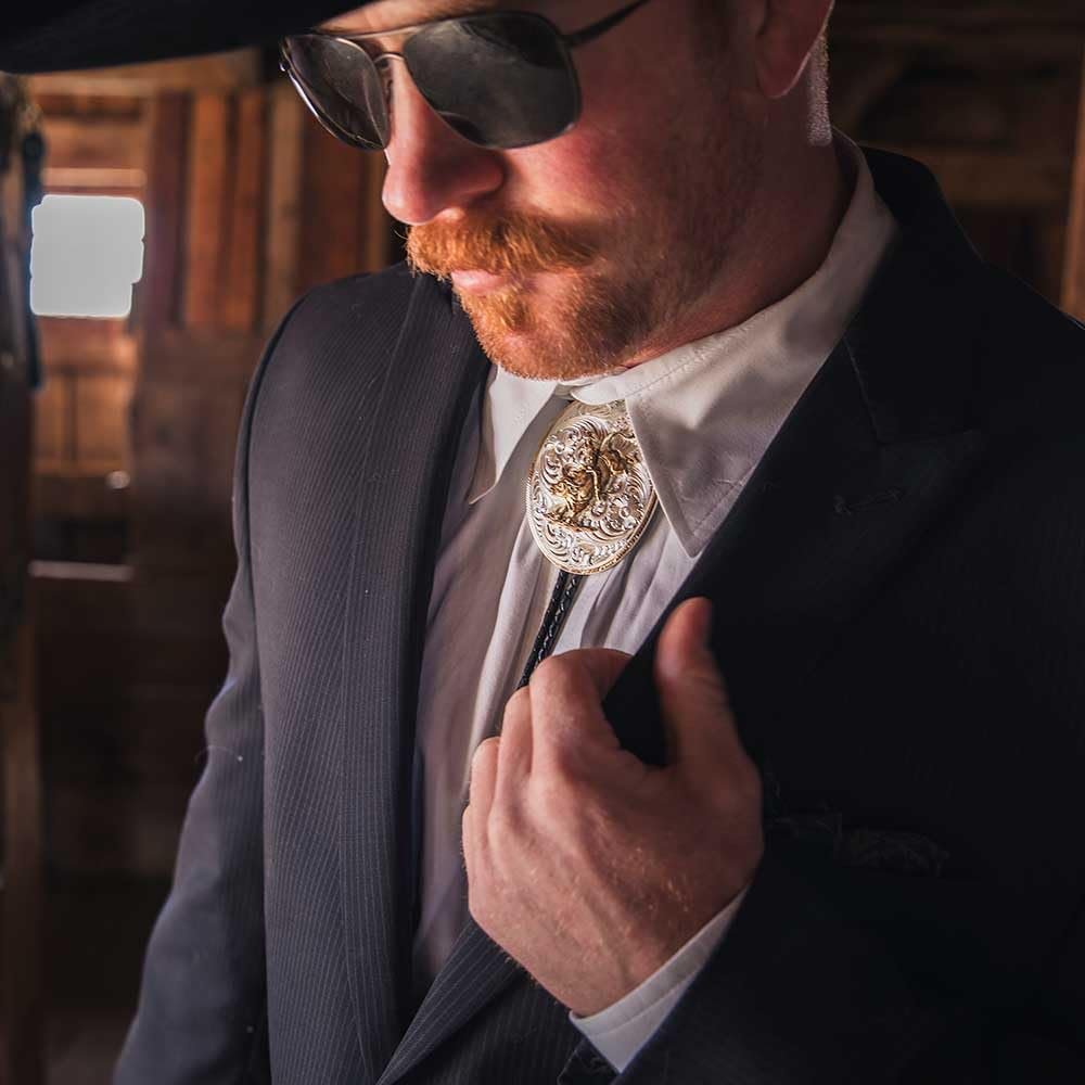 Montana Silversmiths Extra Large Bolo Tie, Bull Rider Figure, Black Braided Leather Cord