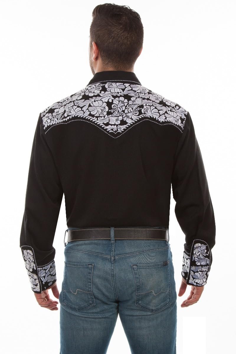 Scully Western Men's Floral Tooled Embroidered Snap Front Shirt - Black/White