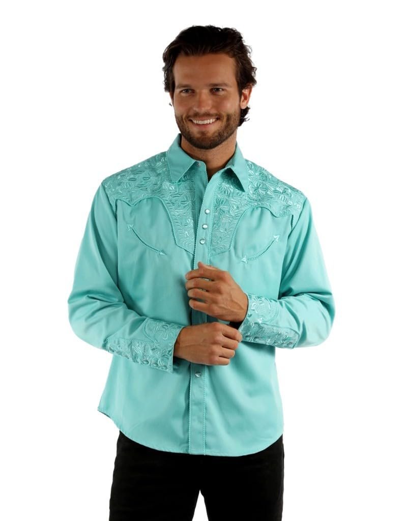 Scully Western Men's Floral Tooled Embroidered Snap Front Shirt - Caribbean