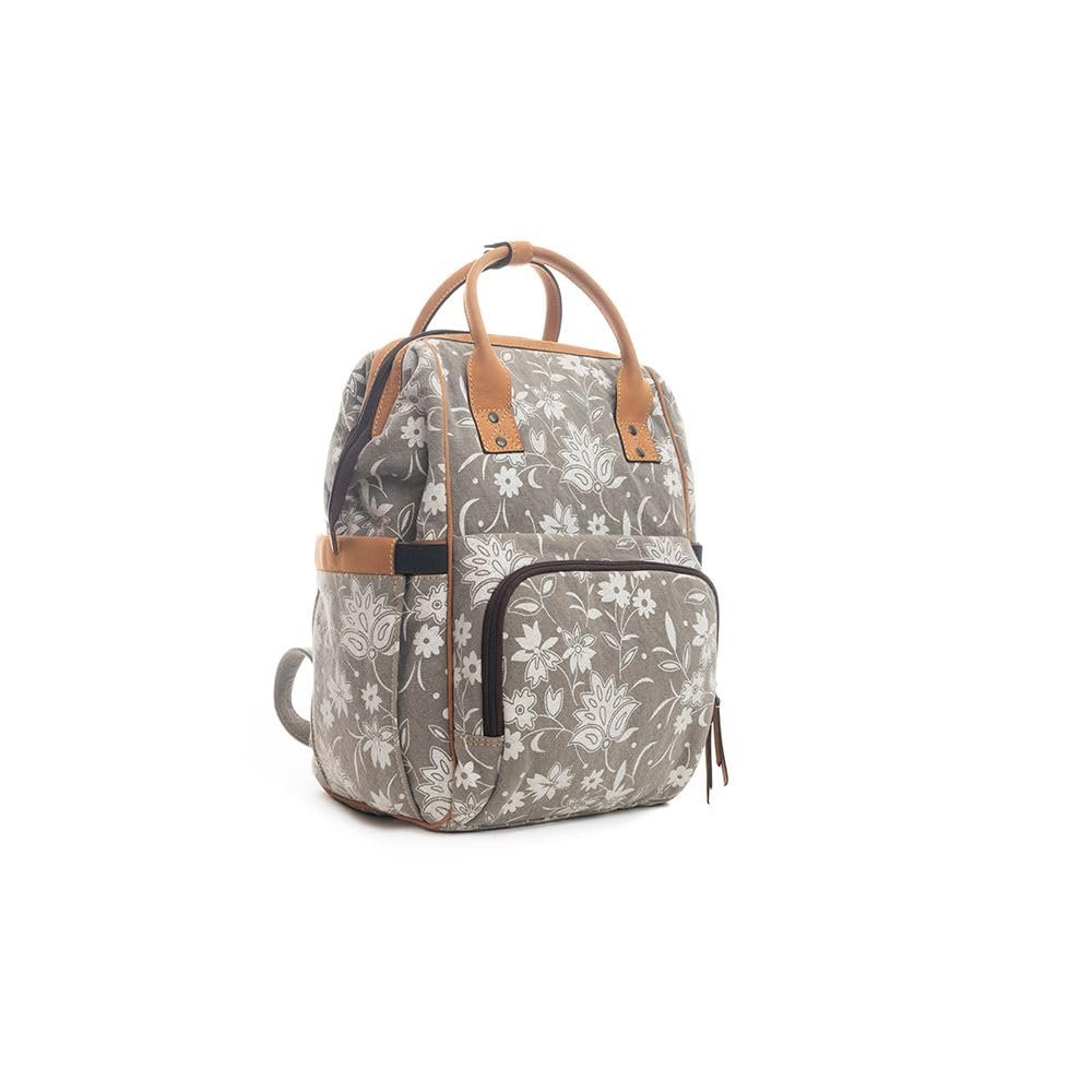 Myra Bag Womens Diaper Bag Western Upcycled Canvas Leather Backpack Handbag Gray