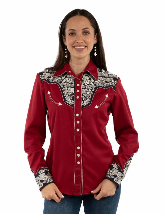 Scully Western Shirt Women's Floral Tooled Embroidered Blouse - Red/White/Blue