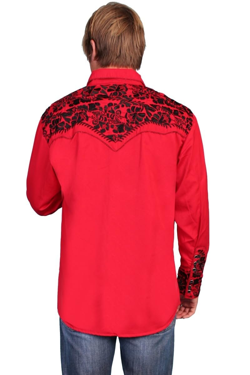 Scully Western Men's Floral Tooled Embroidered Snap Front Shirt - Red